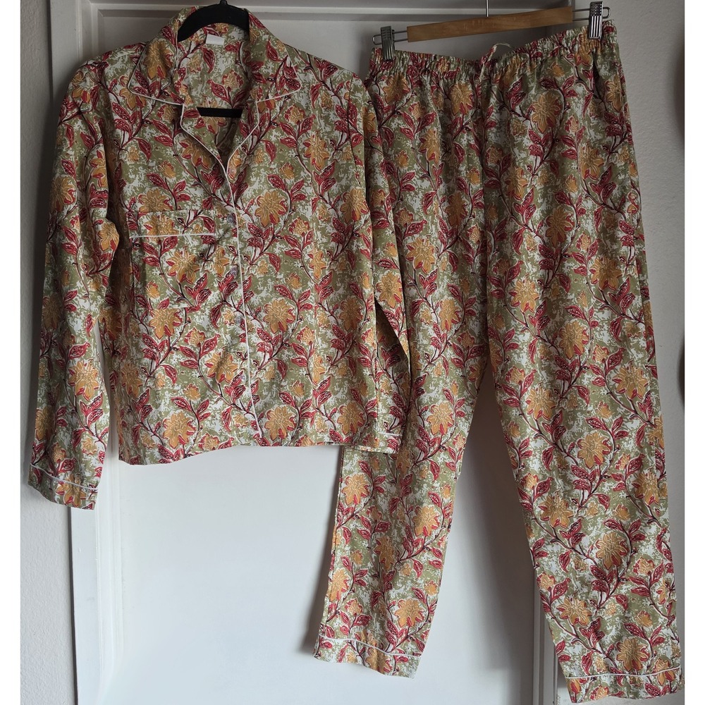 Women 3XL Floral Cotton Pajama Set Boho Lounge Multicolor Bohemian FITS LIKE L